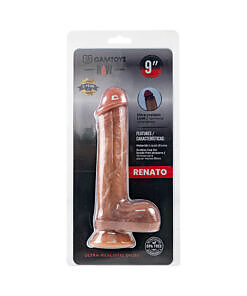Camtoyz Ultra Realistic Dildo Renato with lifelike veins and curved shaft on a dark background.
