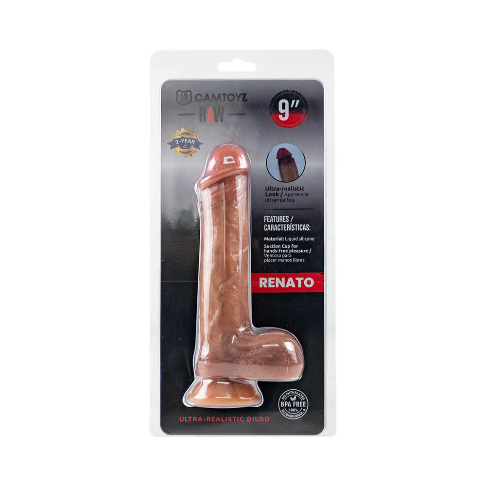 Camtoyz Ultra Realistic Dildo Renato with lifelike veins and curved shaft on a dark background.