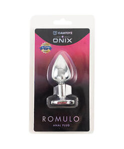Camtoyz Silver Anal Plug Romulo with sparkling jewel base on a reflective surface