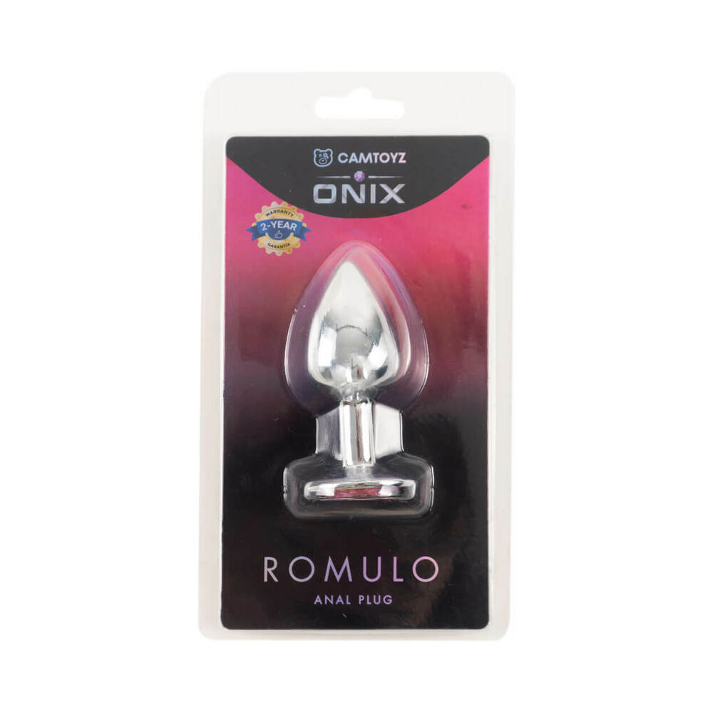 Camtoyz Silver Anal Plug Romulo with sparkling jewel base on a reflective surface