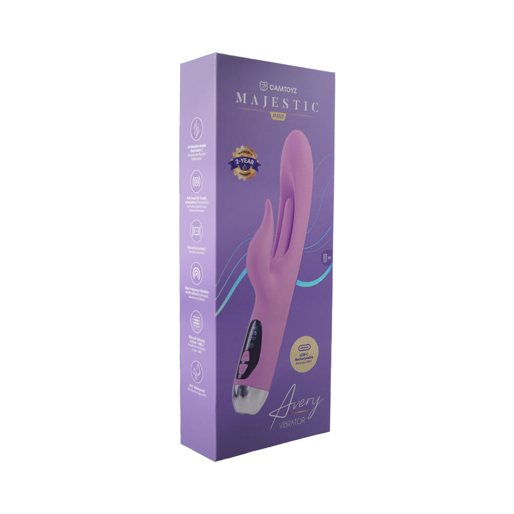 Pink Camtoyz Rabbit Vibrator USB-C Charging Avery with ultra-smooth silicone head and magnetic charging port on a white background.