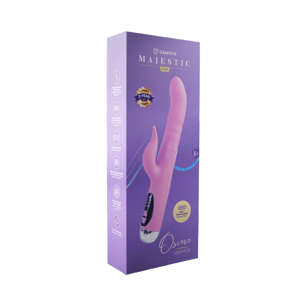 Pink Camtoyz Rabbit Vibrator USB-C Osma with flexible ears and charging cable on a satin sheet.