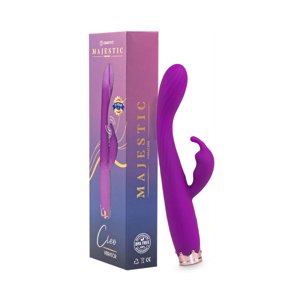 Camtoyz Rabbit Vibrator Cleo in elegant purple with ergonomic curved shaft and flexible rabbit ears shown on a clean white background