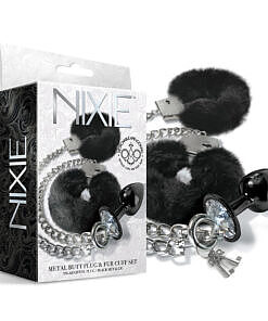 NIXIE Metal Butt Plug & Furry Handcuff Set medium black