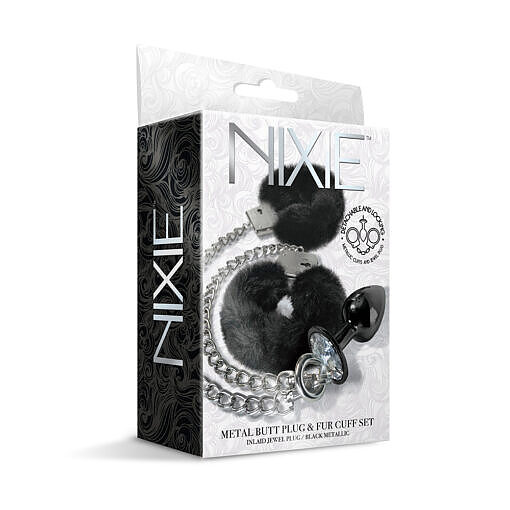 NIXIE Metal Butt Plug & Furry Handcuff Set Medium Black - Image 6