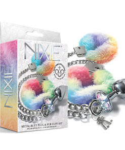 NIXIE metal butt plug handcuff set with sparkling rainbow jewel plug and faux-fur cuffs on satin sheet.