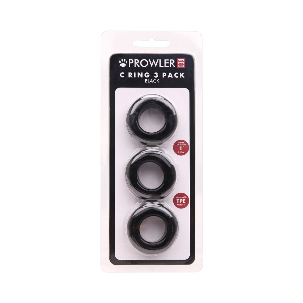Prowler RED C-Ring 3-Pack: three flexible red silicone rings in graduated sizes on a dark surface.