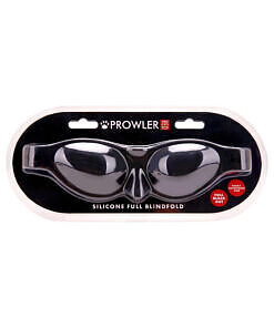 Prowler RED Silicone Full Blindfold in glossy black shown from a three-quarter angle with adjustable strap and contoured eye cups.