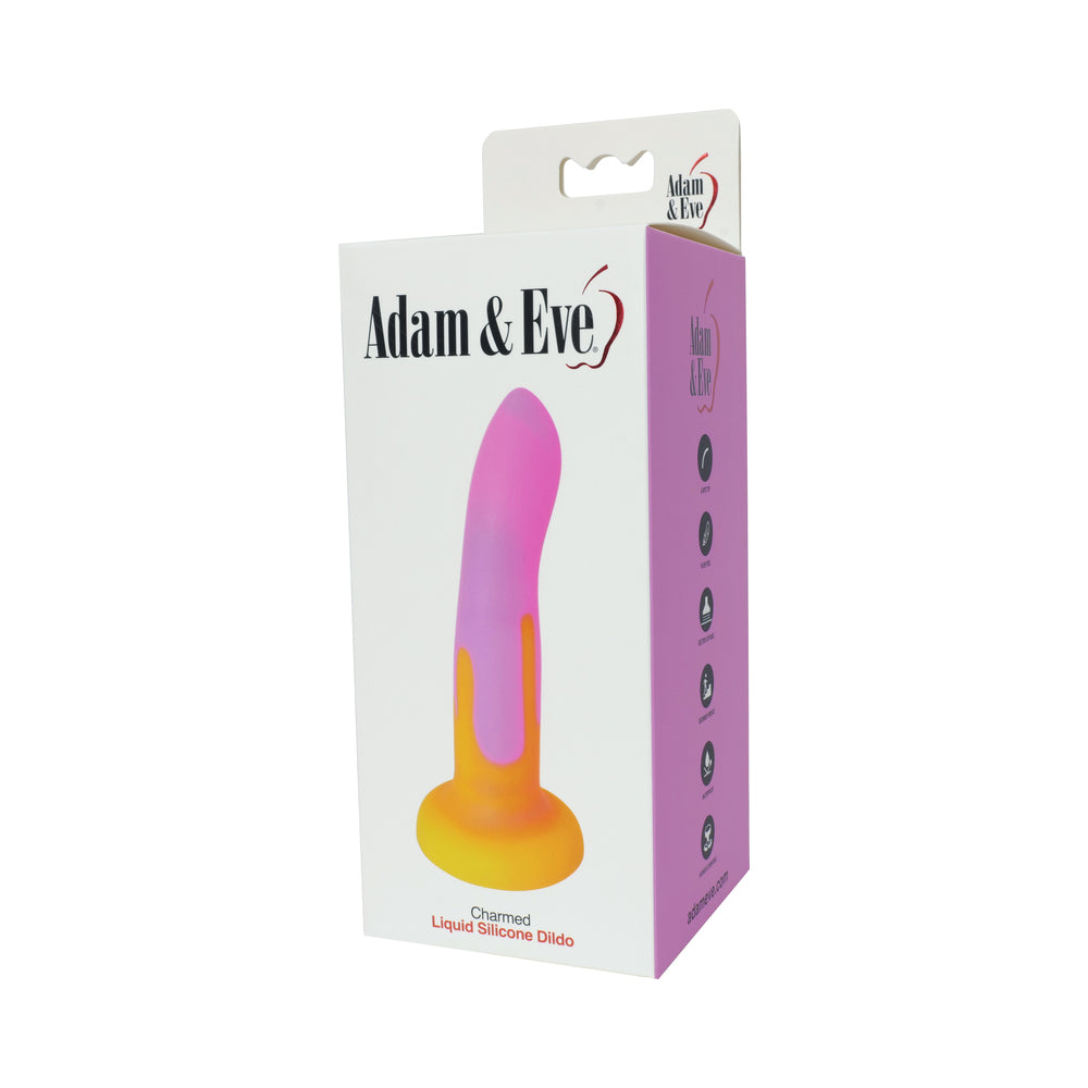 Vibrant pink and orange Adam & Eve Charmed Dildo with curved tip on white background