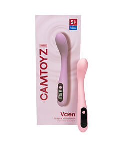 Camtoyz Vaen G-Spot Stimulator with sleek silicone curve and intuitive control button on a nightstand.