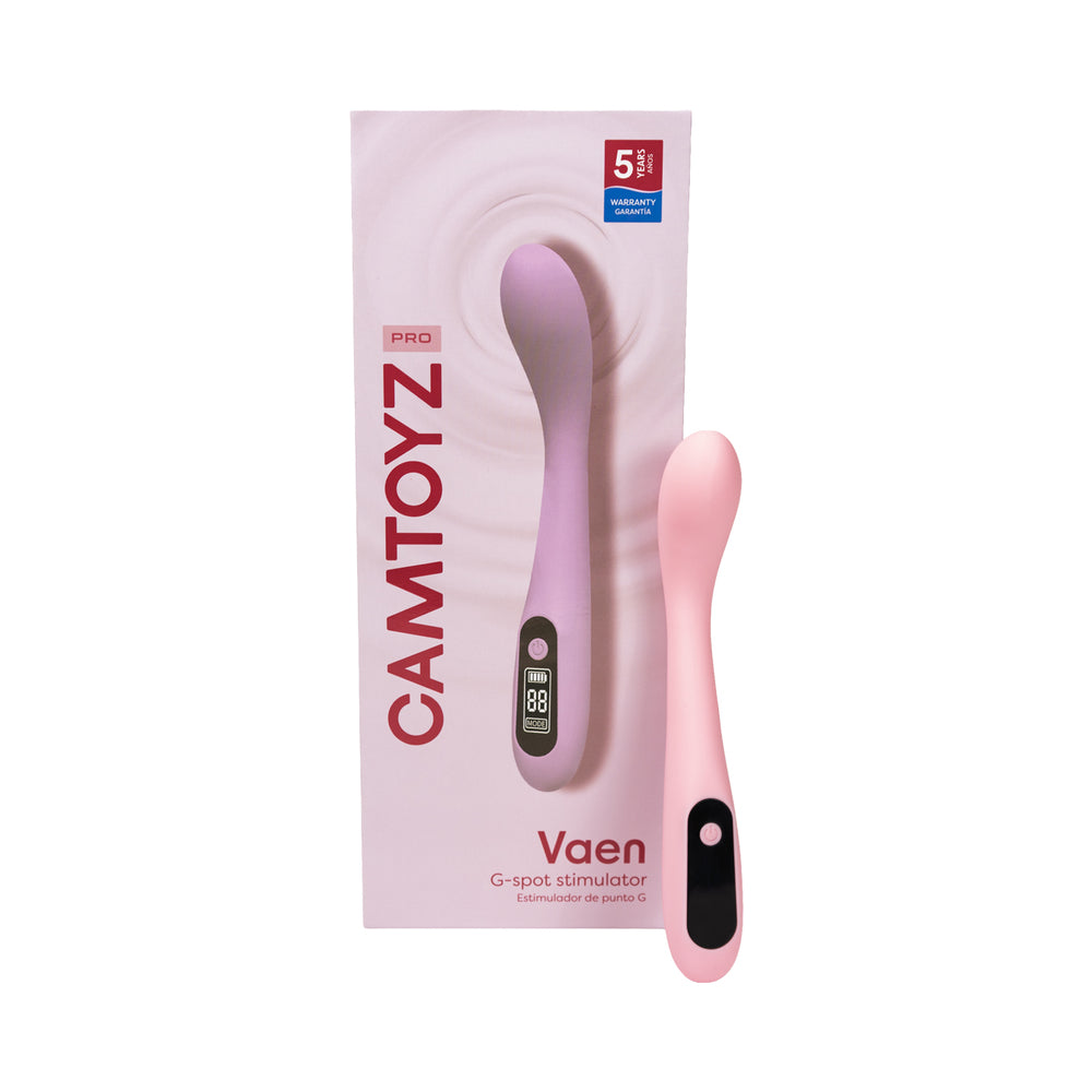 Camtoyz Vaen G-Spot Stimulator with sleek silicone curve and intuitive control button on a nightstand.
