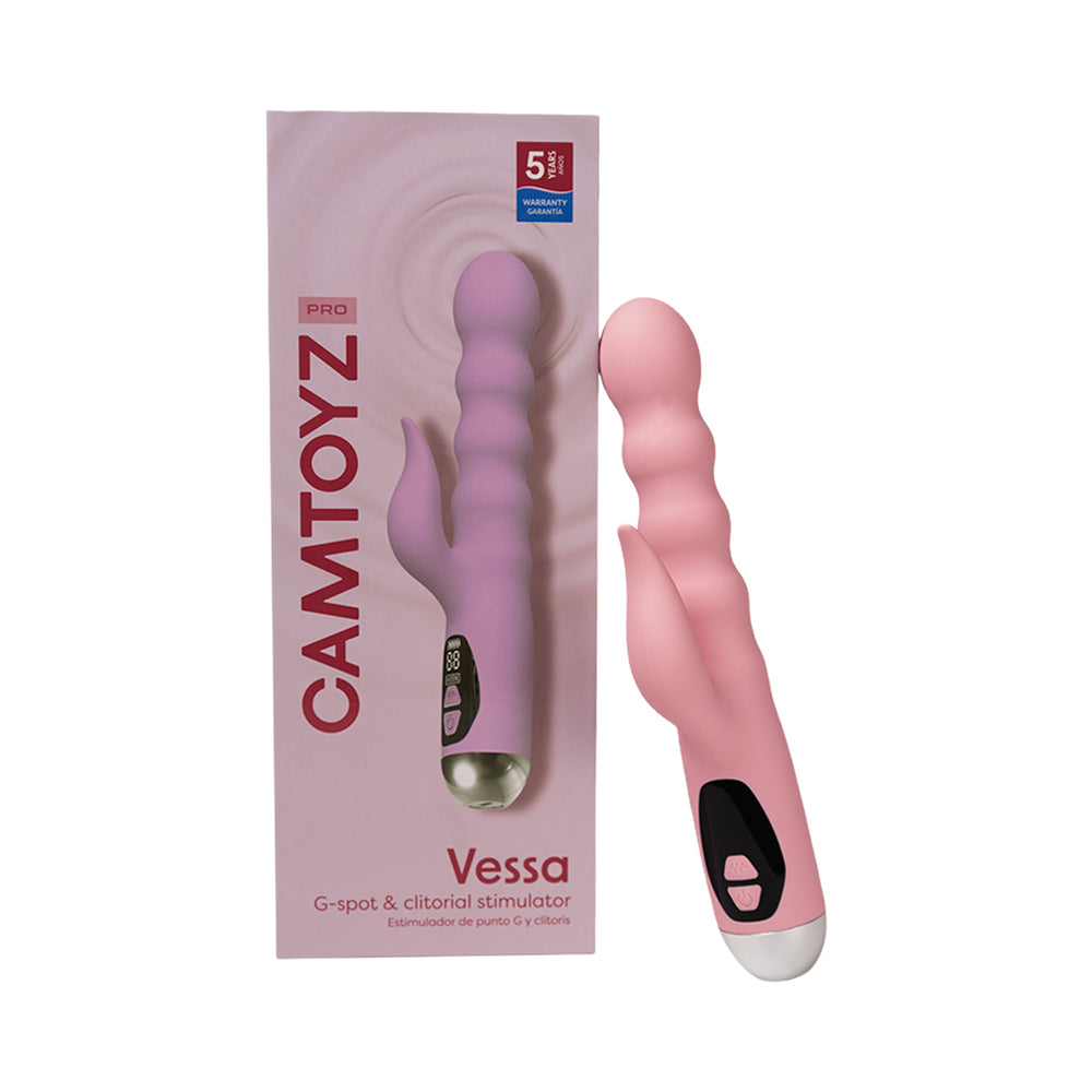 Camtoyz Vessa G-Spot & Clitoral Stimulator in pink silicone with curved dual-stimulation design on white.