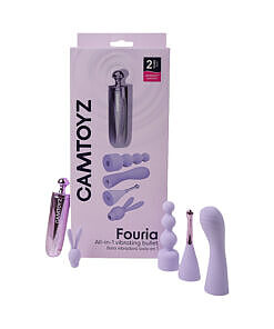 Camtoyz Fouria all-in-one vibrating bullet in sleek black silicone with discreet travel pouch on nightstand.