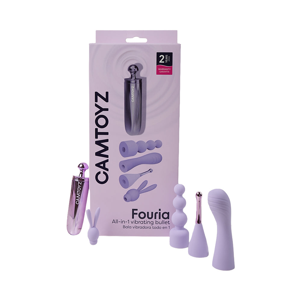 Camtoyz Fouria all-in-one vibrating bullet in sleek black silicone with discreet travel pouch on nightstand.