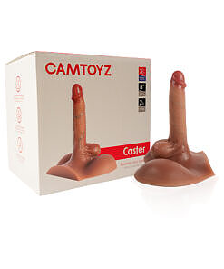 Camtoyz Caster Realistic Torso masturbator side angle with realistic skin texture and dual entry openings on a flat surface.