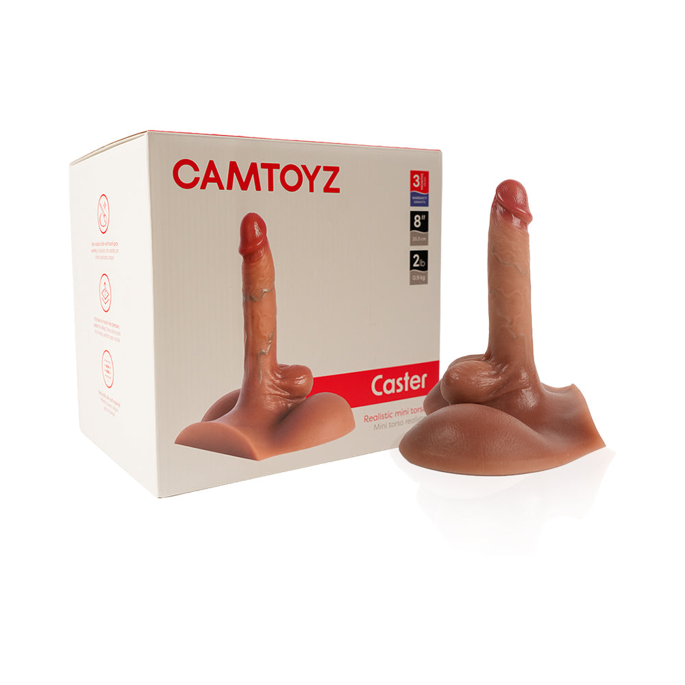 Camtoyz Caster Realistic Torso masturbator side angle with realistic skin texture and dual entry openings on a flat surface.