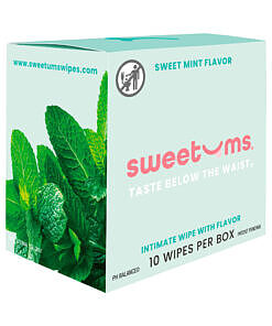 Ten Sweetums Intimate Wipes Sweet Mint packets with a fresh mint leaf graphic