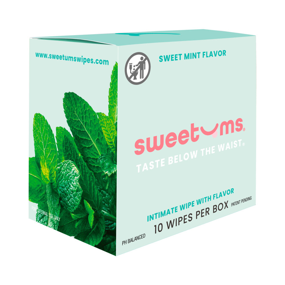 Ten Sweetums Intimate Wipes Sweet Mint packets with a fresh mint leaf graphic