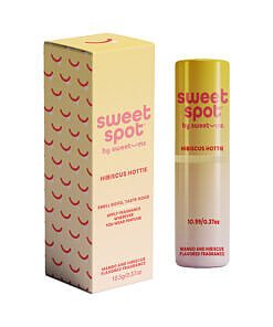 Sweetums Sweet Spot Flavored Fragrance Hibiscus Hottie bottle with bright pink label and hibiscus flower design