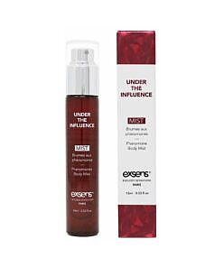 Exsens Under the Influence pheromone mist 0.5 oz bottle with delicate spray nozzle on a vanity.