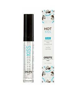 Exsens Hot Kiss Arousal Lip Gloss Coconut tube with glossy wand on pink background