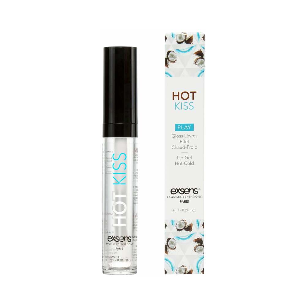 Exsens Hot Kiss Arousal Lip Gloss Coconut tube with glossy wand on pink background