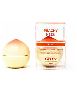 Exsens Nipple Arousal Cream Peachy Keen 0.3 oz jar on a blush pink satin background
