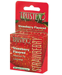 Trustex Flavored Condoms Strawberry 3 Pack image showing three strawberry flavored latex condoms.