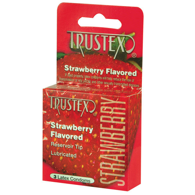 Trustex Flavored Condoms Strawberry 3 Pack image showing three strawberry flavored latex condoms.