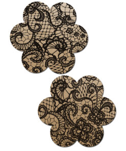 Pastease Lace Flower Pasties in beige and black lace on skin