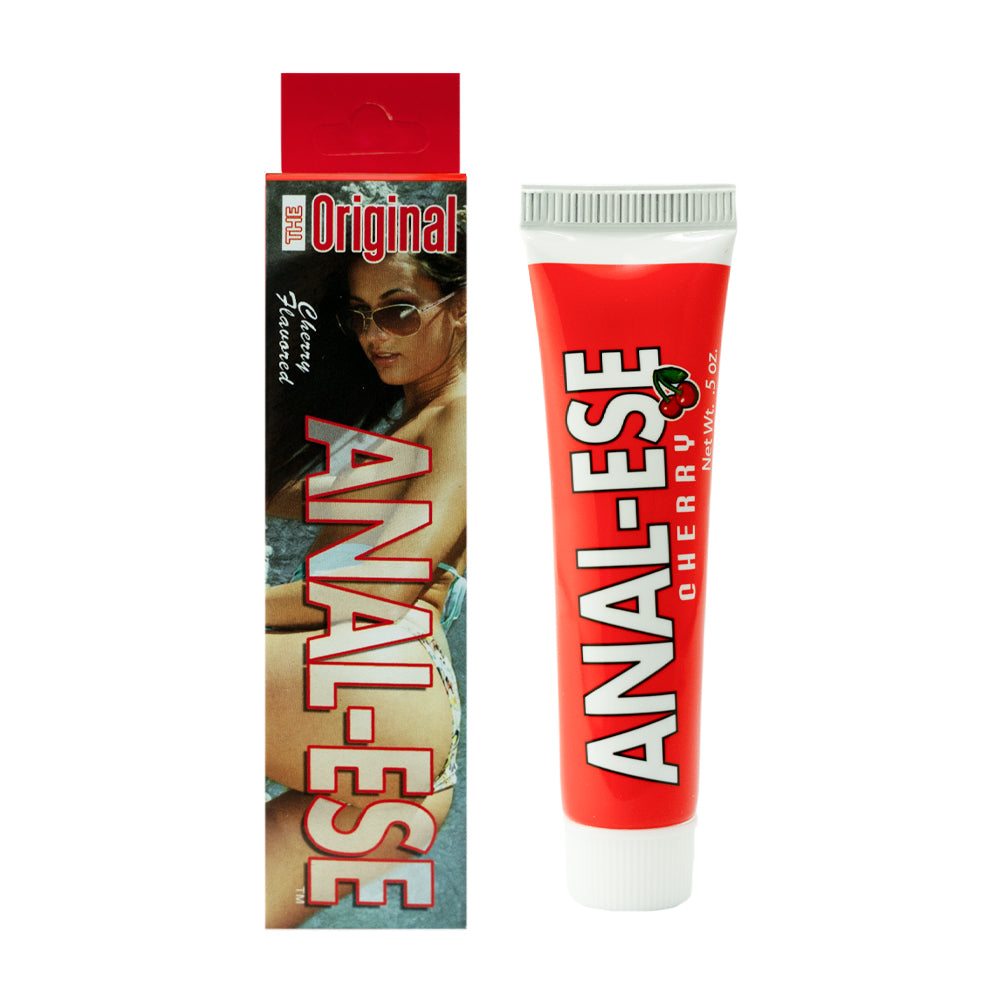 Tube of Anal-Ese Cherry Desensitizing Cream 0.5 oz with cherry motif on red packaging