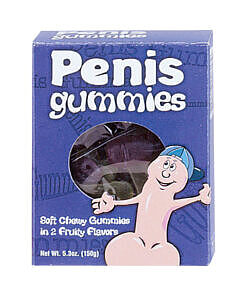 Penis Gummies 5.3oz bag with multi-colored penis-shaped candies on a white background.