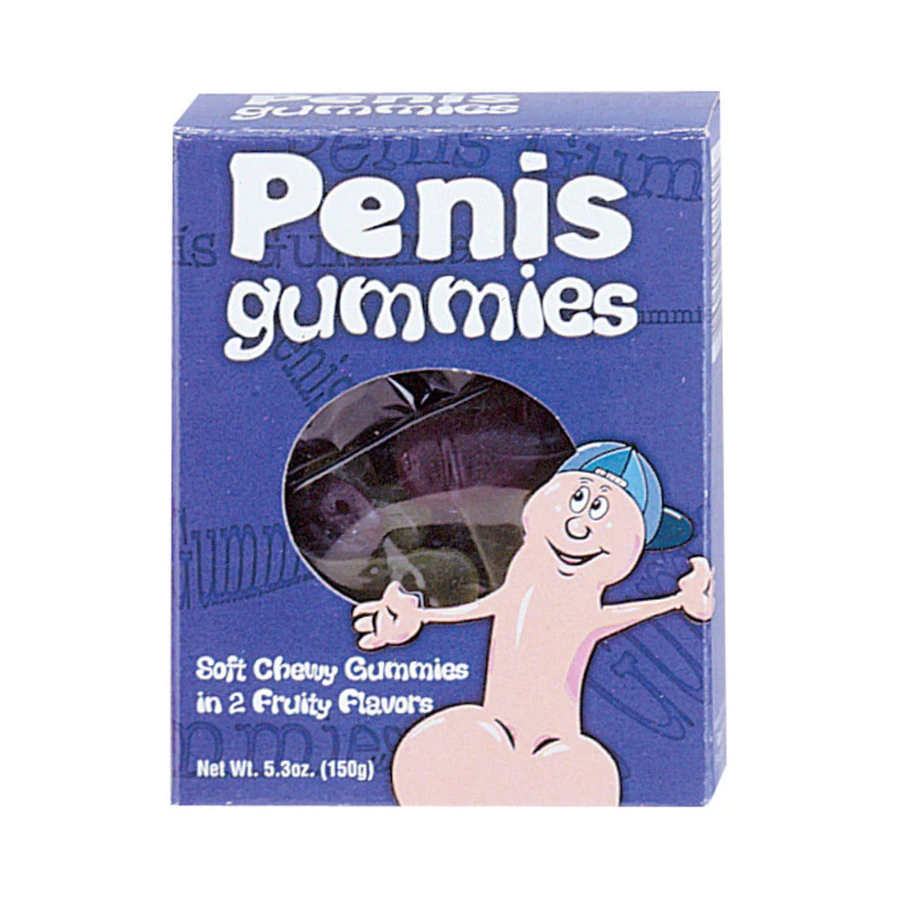 Penis Gummies 5.3oz bag with multi-colored penis-shaped candies on a white background.
