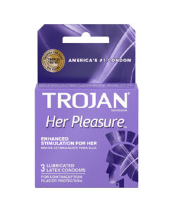 Trojan Her Pleasure Condoms foil wrapper on a clean neutral background showing Trojan branding and three premium lubricated latex condoms