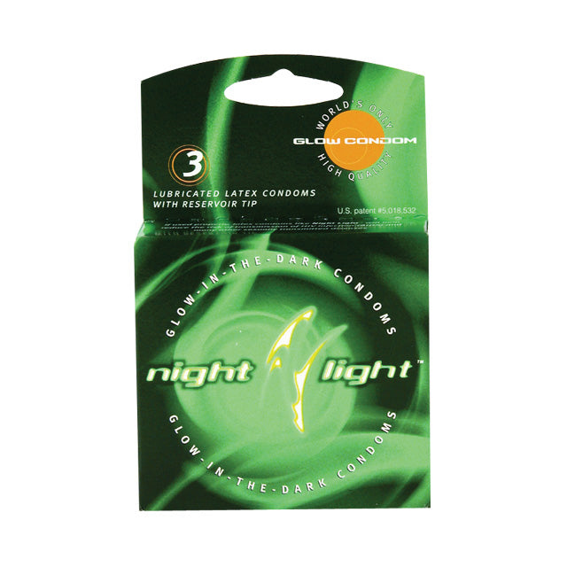 Night Light Glow-In-The-Dark Condoms (3 Pack) pack of three unwrapped condoms glowing green in a dark room setting.