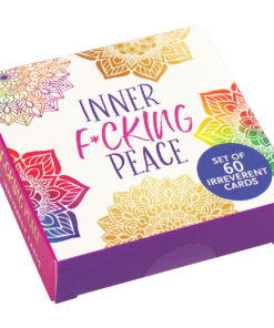 Inner Fucking Peace Cards (Set of 60) on a wooden table with profane messages like 'Namaste