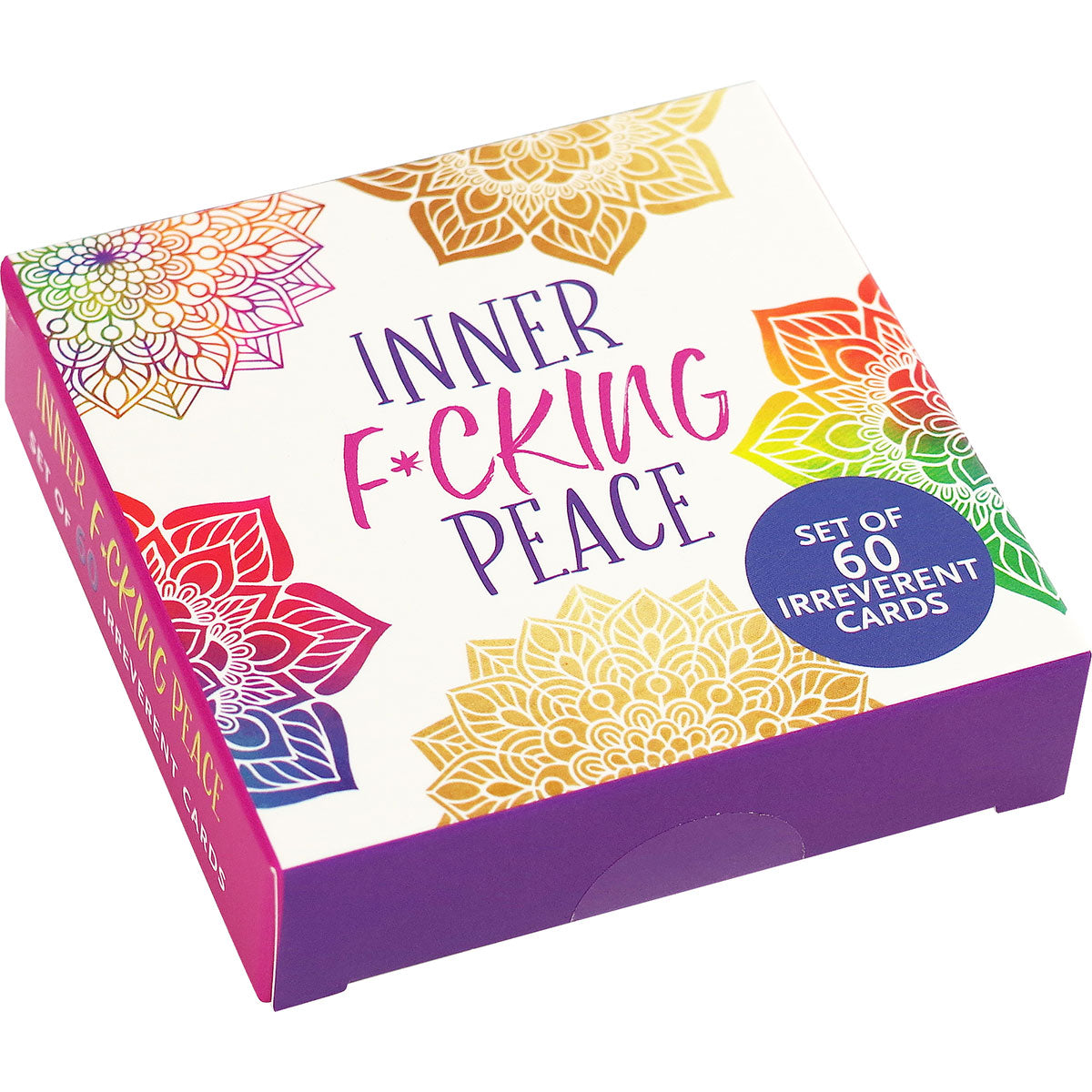 Inner Fucking Peace Cards (Set of 60) on a wooden table with profane messages like 'Namaste