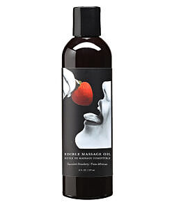 Earthly Body Strawberry Edible Massage Oil 8oz bottle with succulent red label and golden oil.