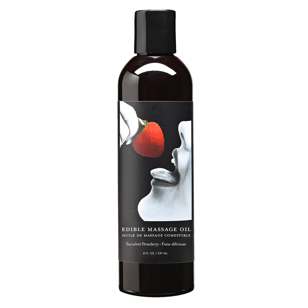 Earthly Body Strawberry Edible Massage Oil 8oz bottle with succulent red label and golden oil.