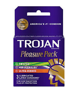 Trojan Pleasure Pack 3-Pack showing three foil-wrapped condoms in Ultra Thin