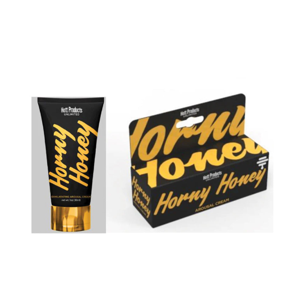 Horny Honey Stimulating Cream 1oz tube on satin sheet with rose petal