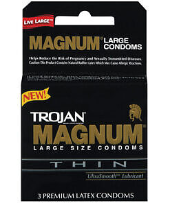 Gold Trojan Magnum Thin Condoms 3-pack on a textured background