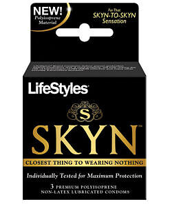 Lifestyles SKYN (3) non-latex condoms box with three polyisoprene condoms offering a barely-there feel.