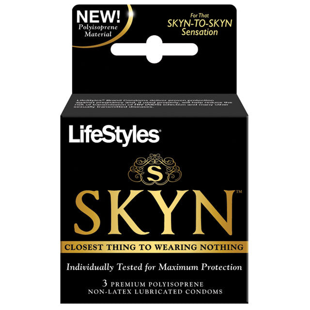 Lifestyles SKYN (3) non-latex condoms box with three polyisoprene condoms offering a barely-there feel.