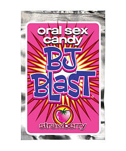 BJ Blast Oral Sex Candy Strawberry packet on a vibrant background