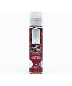 JO H2O Raspberry Sorbet flavored water-based lubricant 1 oz. bottle showcasing sweet raspberry sorbet flavor.