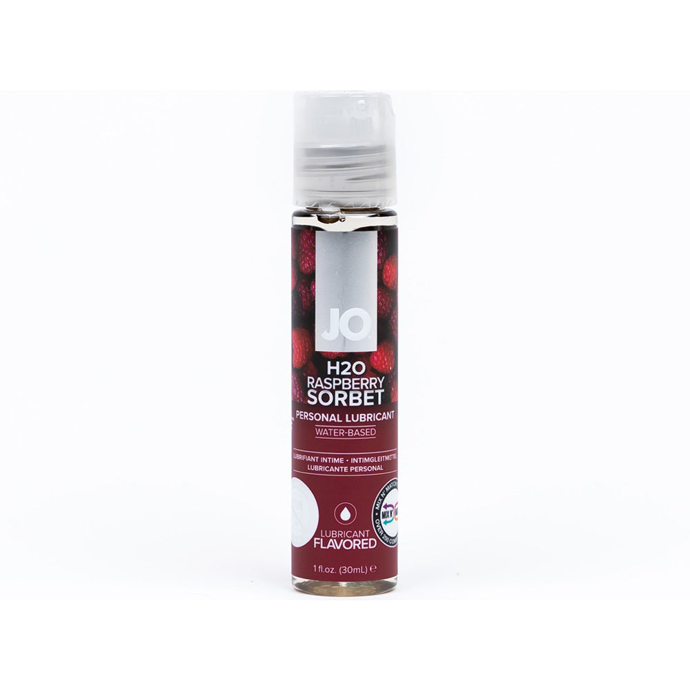 JO H2O Raspberry Sorbet flavored water-based lubricant 1 oz. bottle showcasing sweet raspberry sorbet flavor.