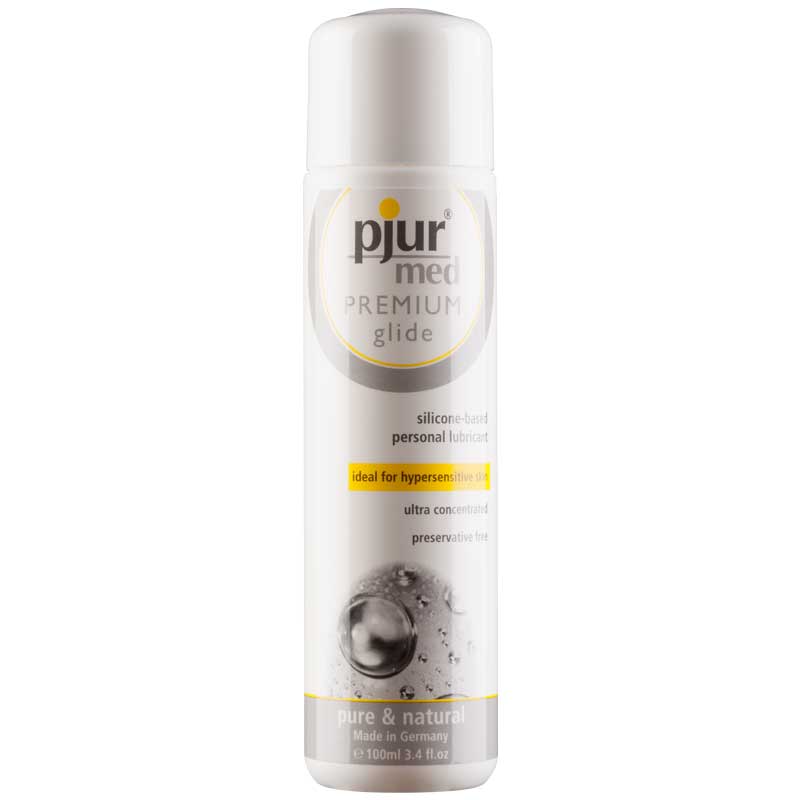Pjur Med Premium Silicone Glide 100ml bottle with a clear drop of silicone lubricant