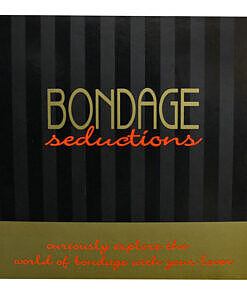 Bondage Seductions Game box with 52 seductive dare cards scattered on a dark bedsheet