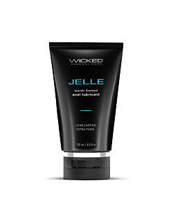 Wicked Jelle Water-Based Anal Lubricant bottle on white background showing thick gel texture and product label.
